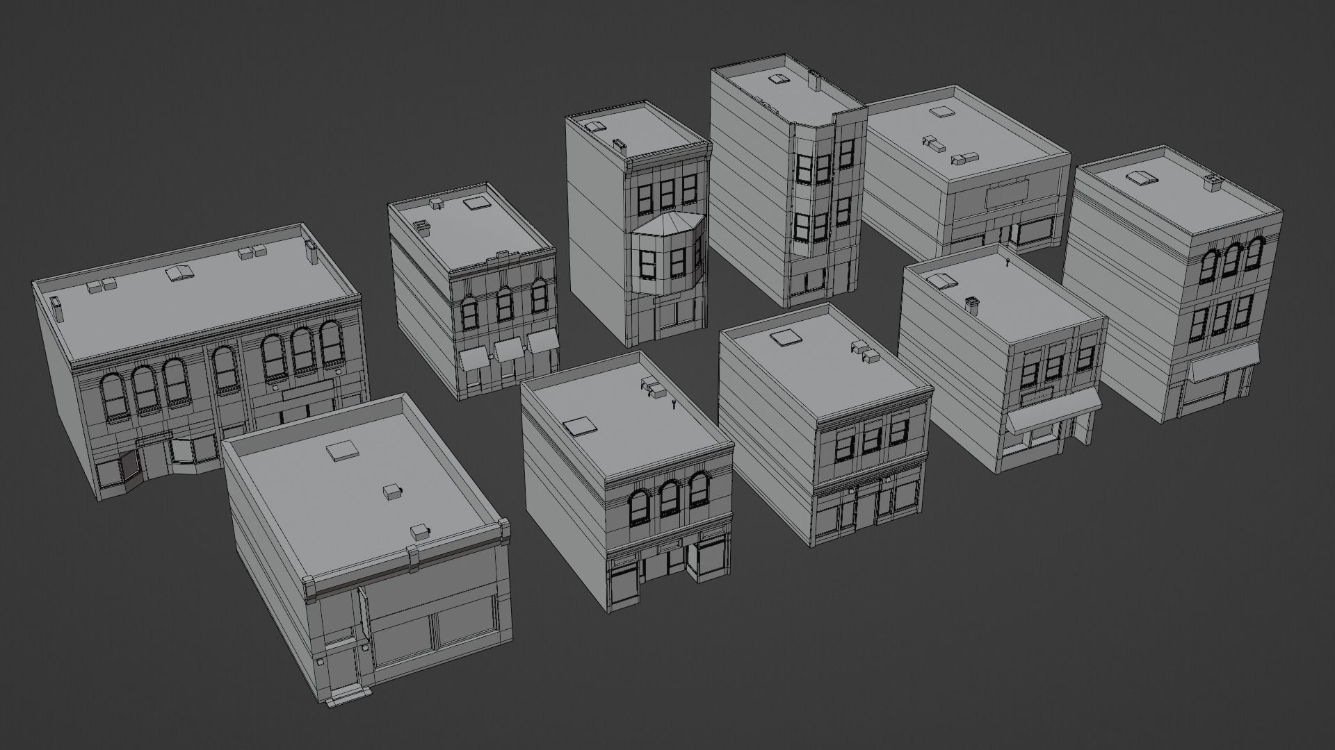 Small Town Row Buildings Pack Low-poly 3D model_7