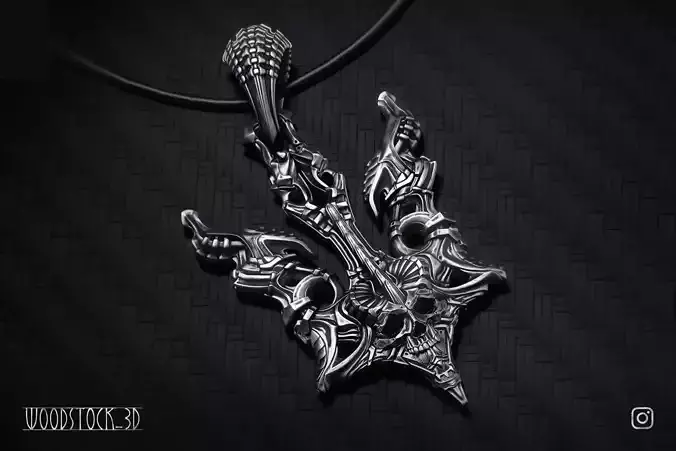 Biomechanical Trident Skull Pendant