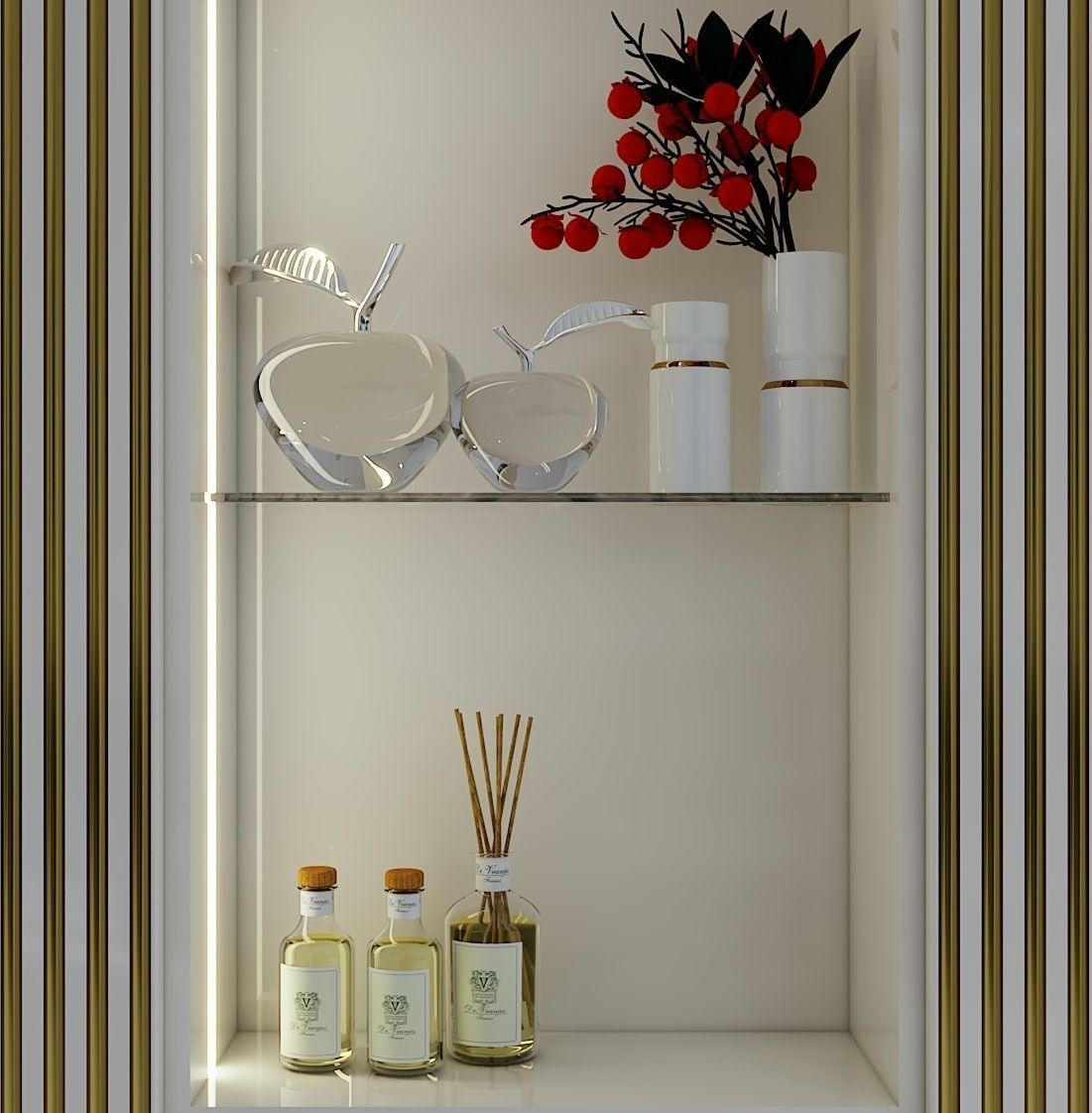 Decorative set shelf with flowers and bottles 3D model_1