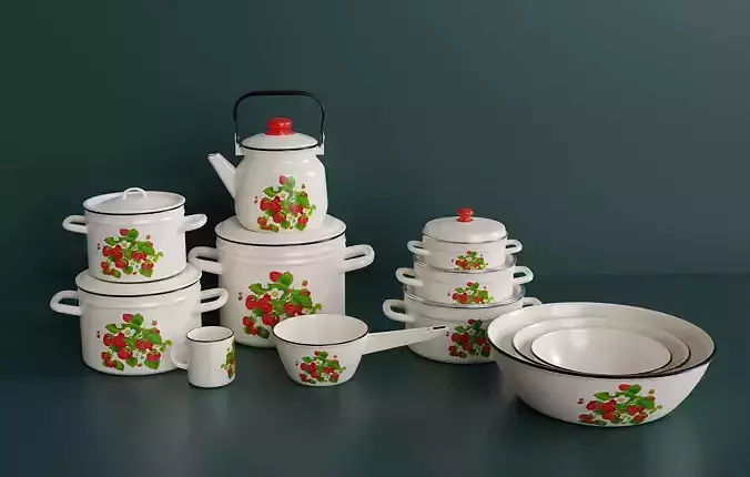 Large set of kitchen enamelware Low-poly 3D model