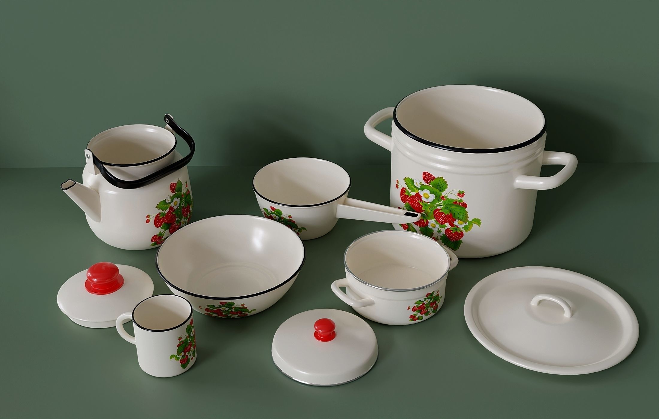 Large set of kitchen enamelware Low-poly 3D model_2