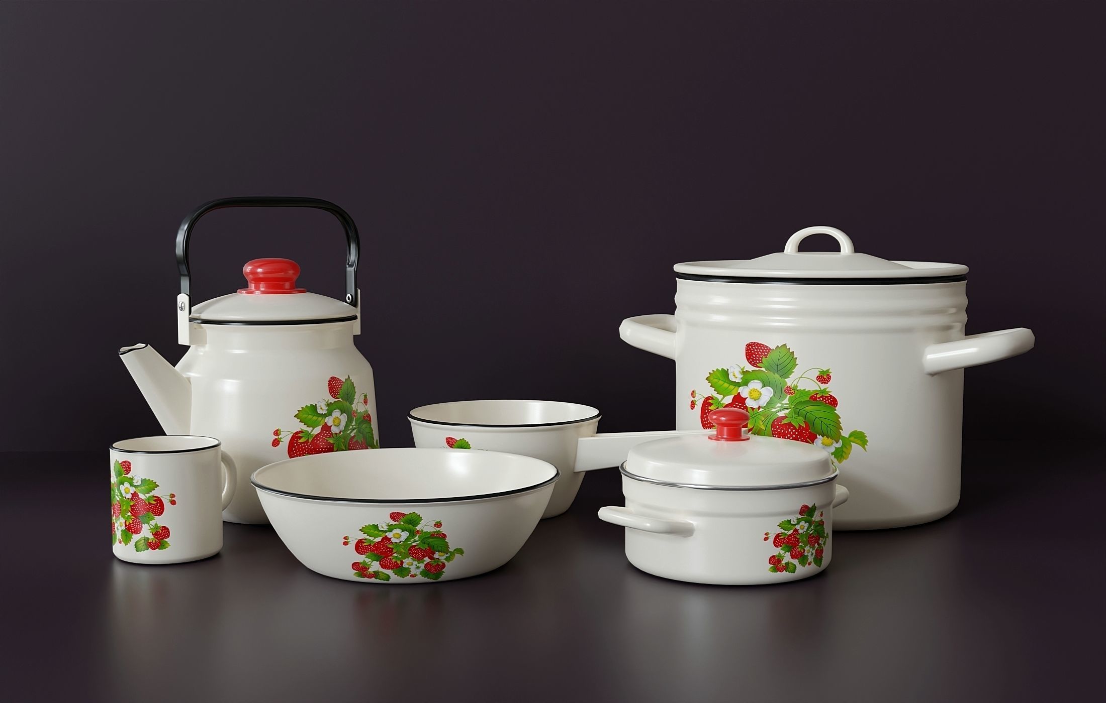 Large set of kitchen enamelware Low-poly 3D model_3