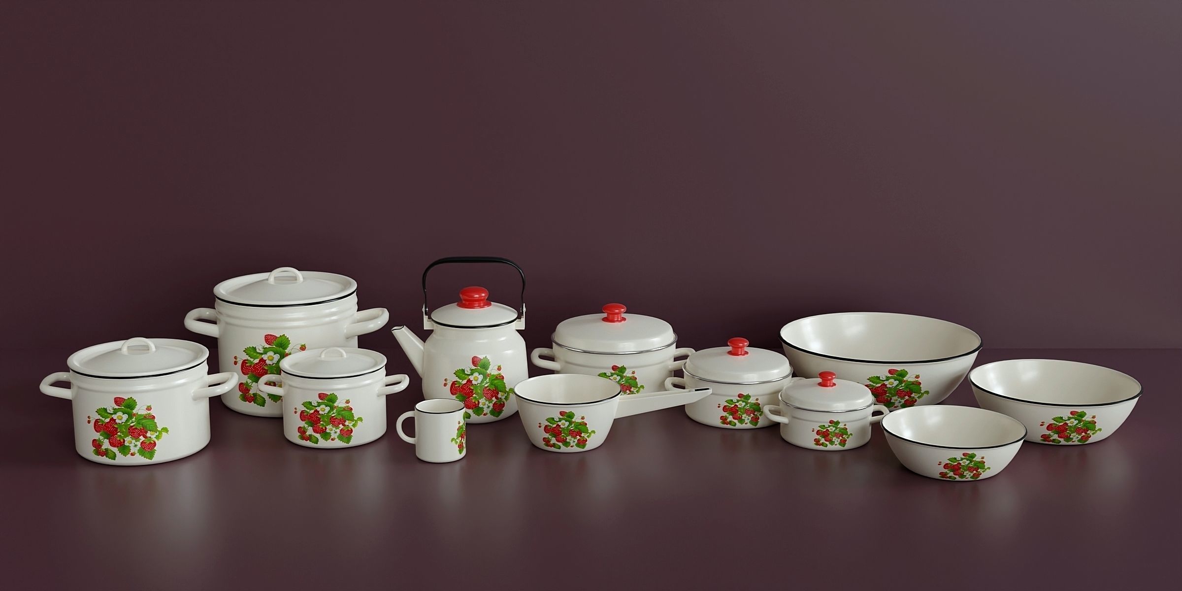 Large set of kitchen enamelware Low-poly 3D model_1
