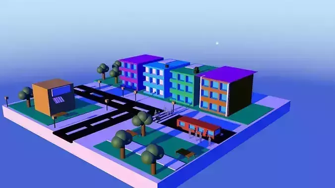City Low-Poly with buildings and street