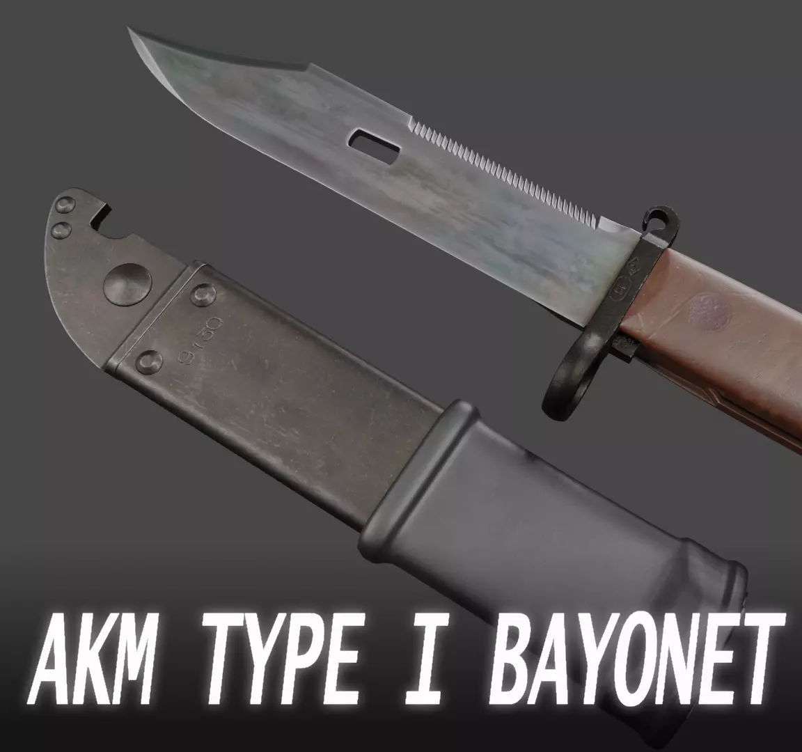 AKM Type 1 Bayonet and Scabbard Low-poly 3D model_0