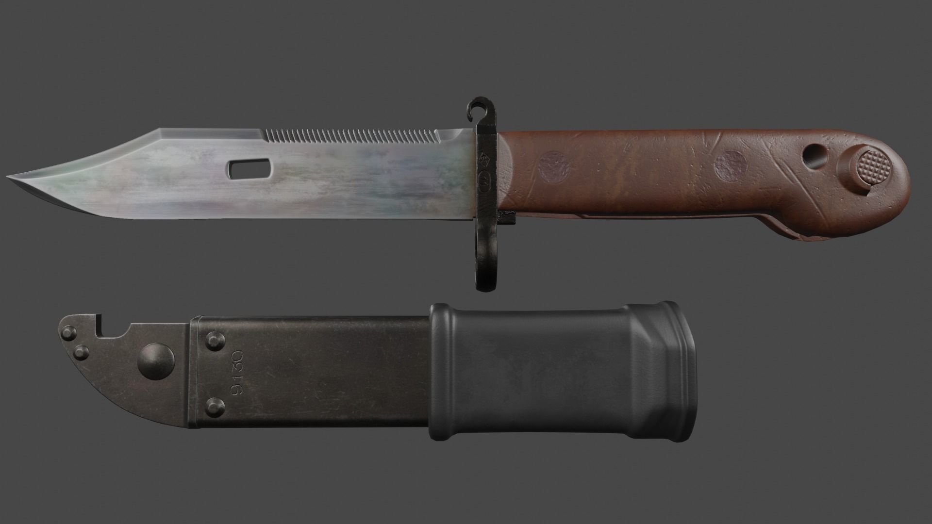 AKM Type 1 Bayonet and Scabbard Low-poly 3D model_3