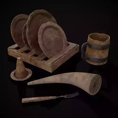 Wooden Medieval Dish Washing Set Low-poly 3D model