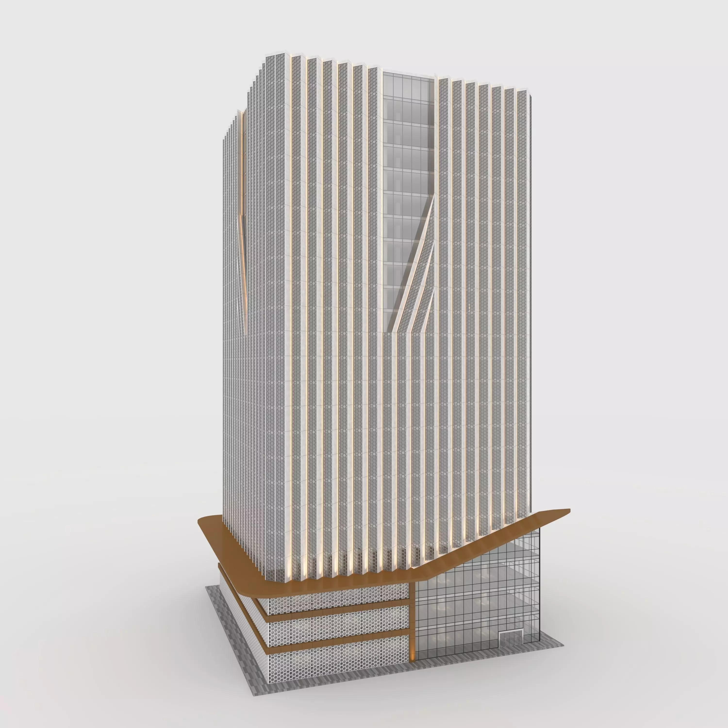 Tower 7 tall building with wooden facade 3D model_0