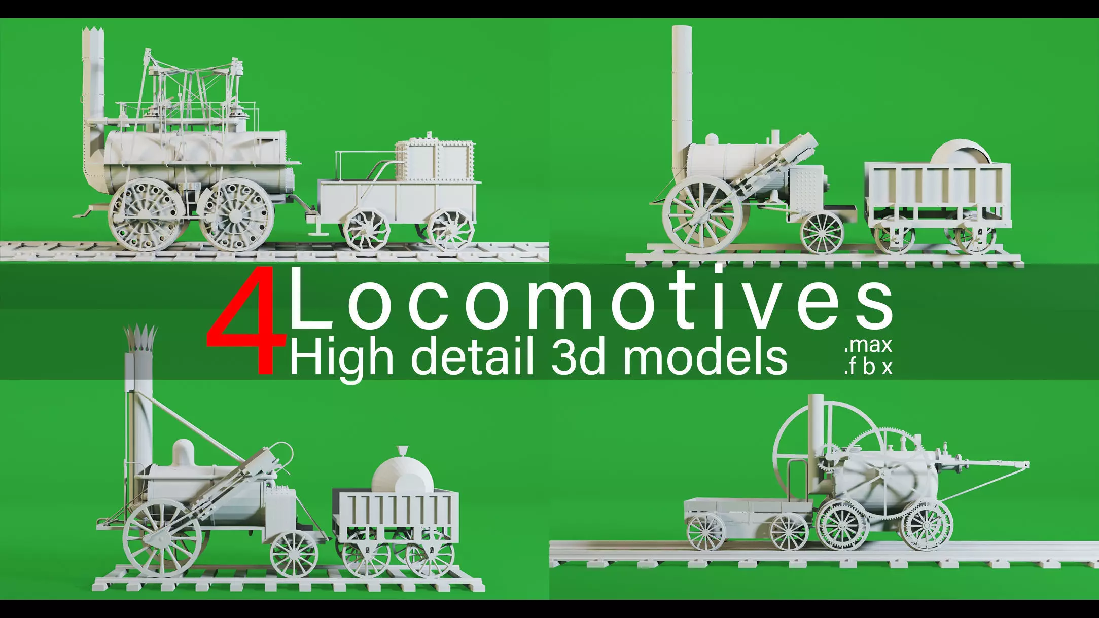 4 Locomotives- High detail 3d models Low-poly 3D model_0