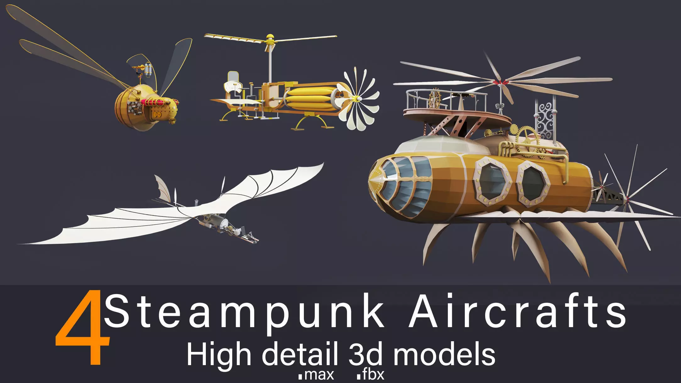 5- Steampunk Aircrafts- High detail 3d models Low-poly 3D model_0
