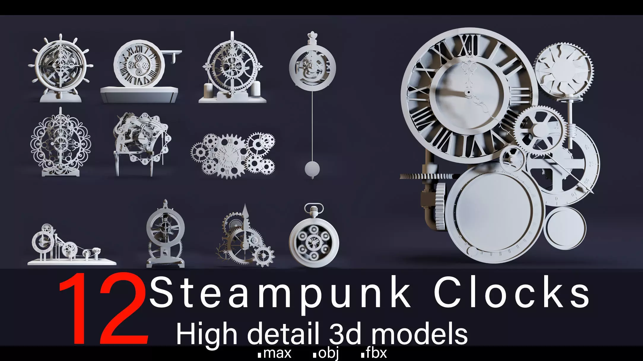 12- Steampunk Clocks- High detail 3d models Low-poly 3D model_0