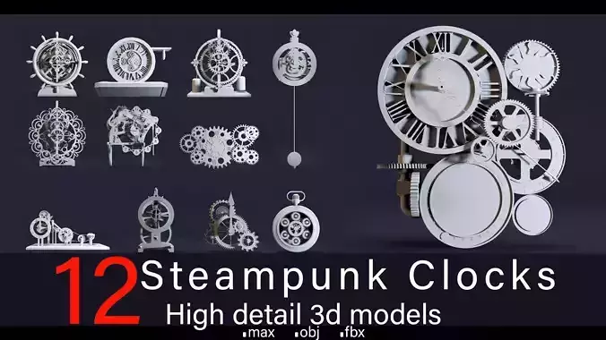 12- Steampunk Clocks- High detail 3d models Low-poly 3D model 12- Steampunk Clocks- High detail 3d models Low-poly 3D model
