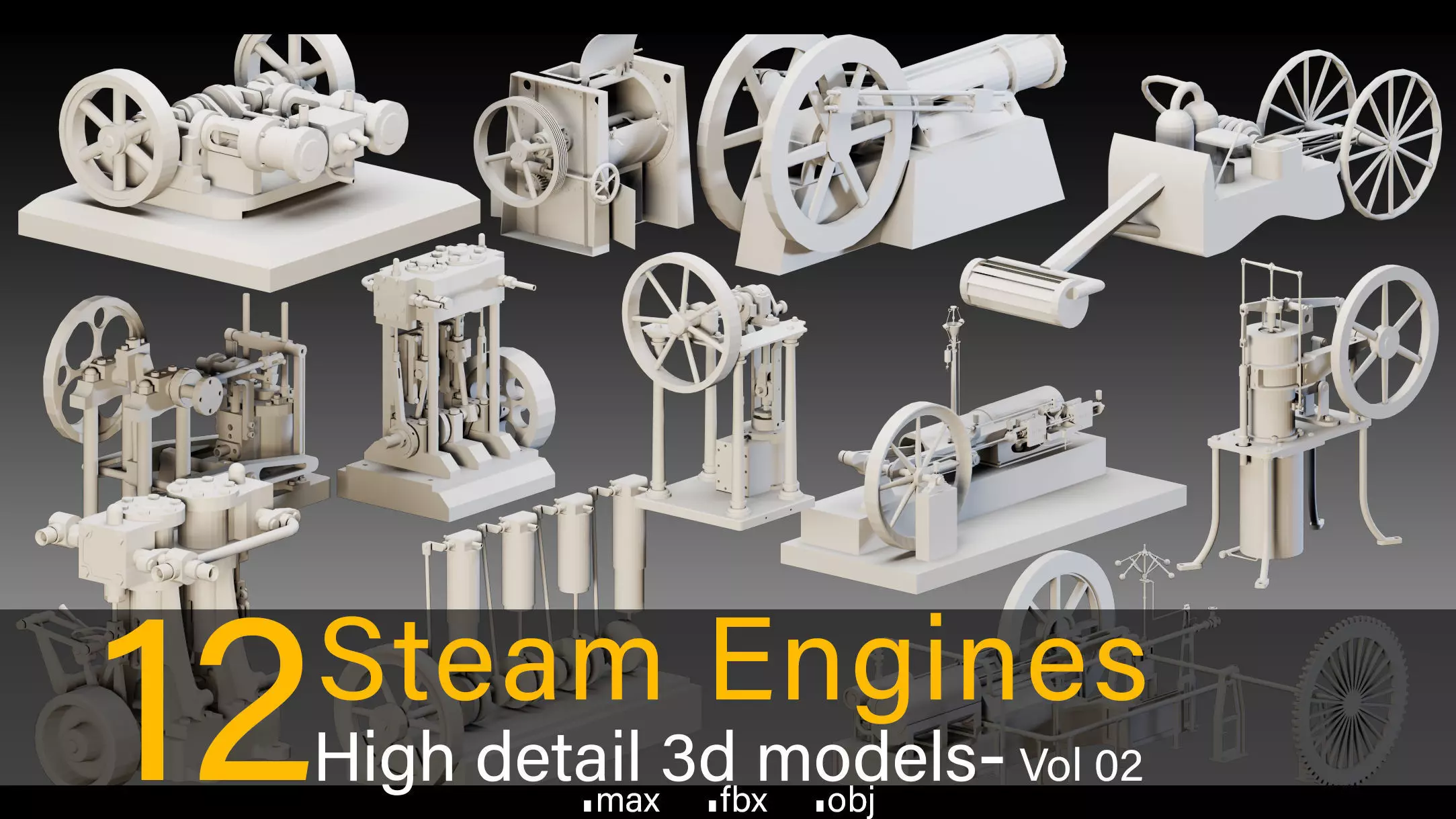 12 Steam Engines- Vol 02- High detail 3d models Low-poly 3D model_0