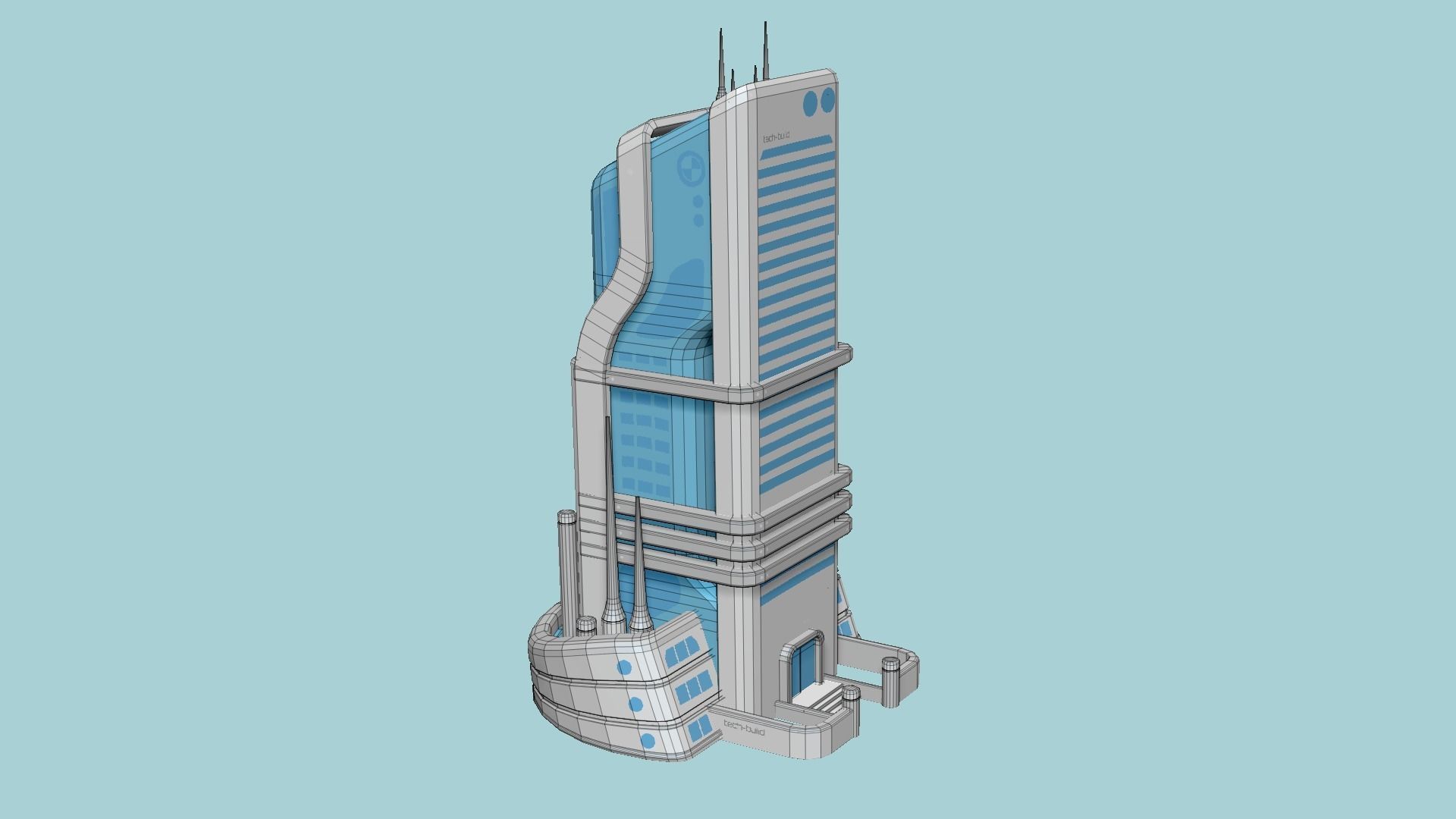 SciFi Building A01 White Blue - Sci Fi Exterior Design Low-poly 3D model_7