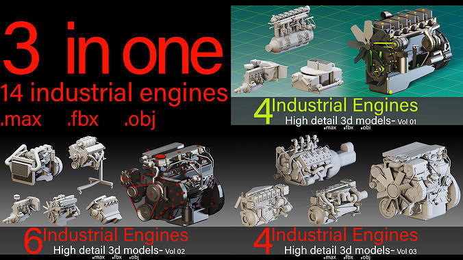 3 in one-14 Industrial Engines- High detail 3d models Low-poly 3D model