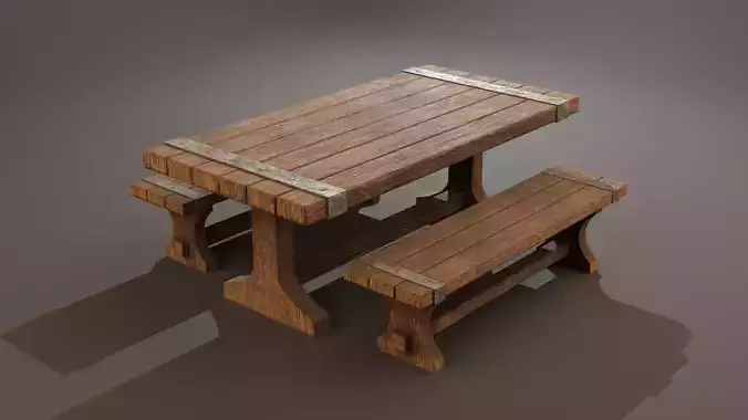3D Game-ready Medieval wooden table and bench