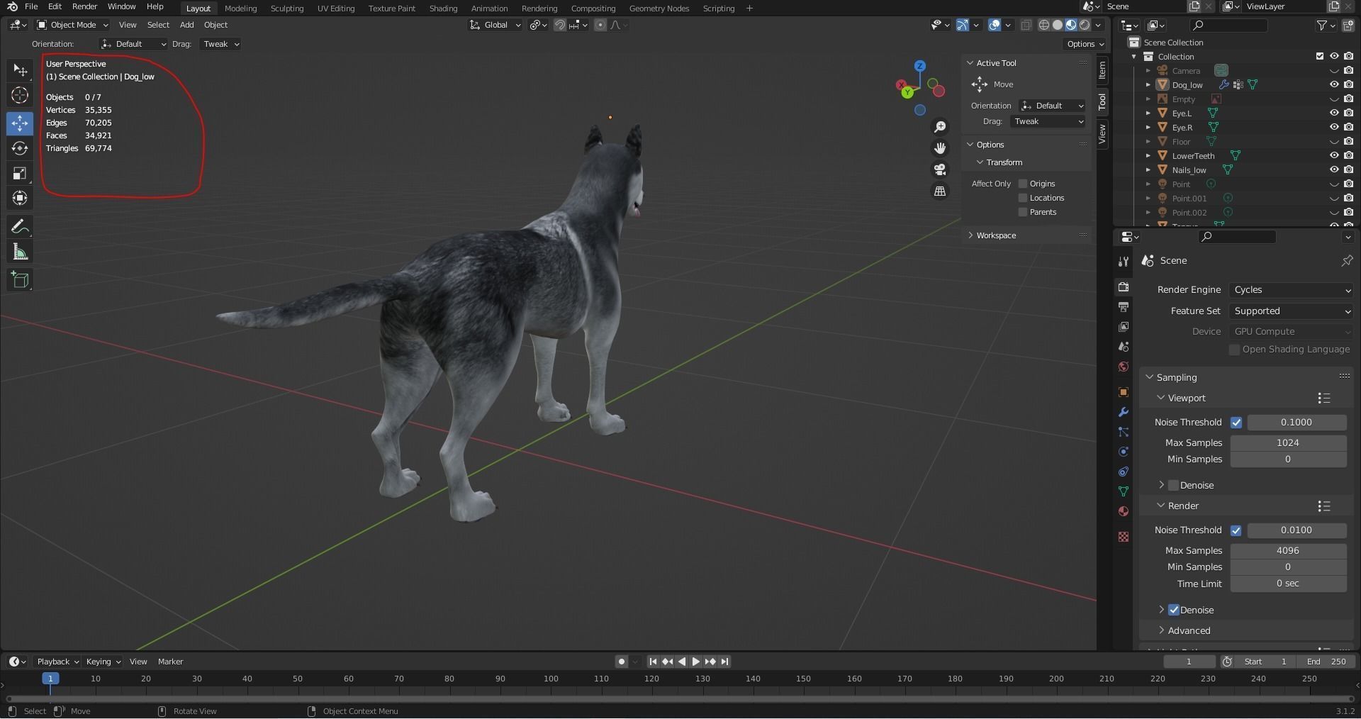 Fur Husky Rigged in Blender Low-poly 3D model_32