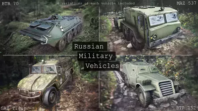 Functional - 4 Russian Military Vehicles  6 Versions per vehicle Low-poly 3D model