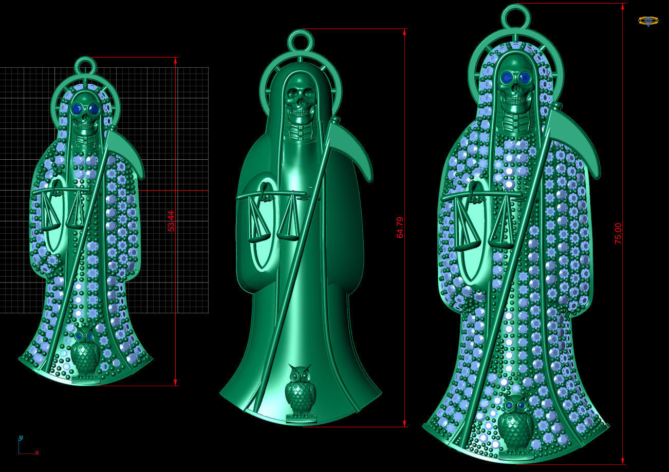 3 MODELS Holy Death Pendant 3D STL 3DM Skull Santa Muerte 3D print model_8