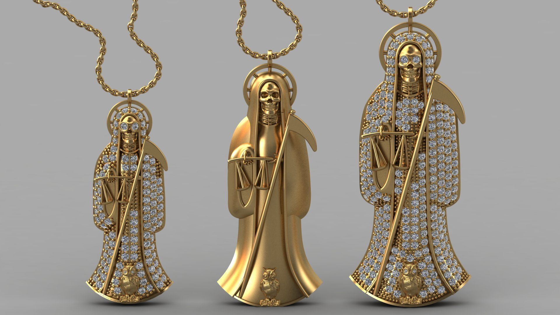 3 MODELS Holy Death Pendant 3D STL 3DM Skull Santa Muerte 3D print model_1
