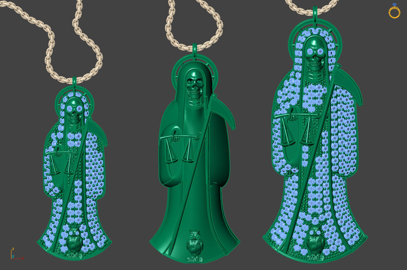 3 MODELS Holy Death Pendant 3D STL 3DM Skull Santa Muerte 3D print model_2