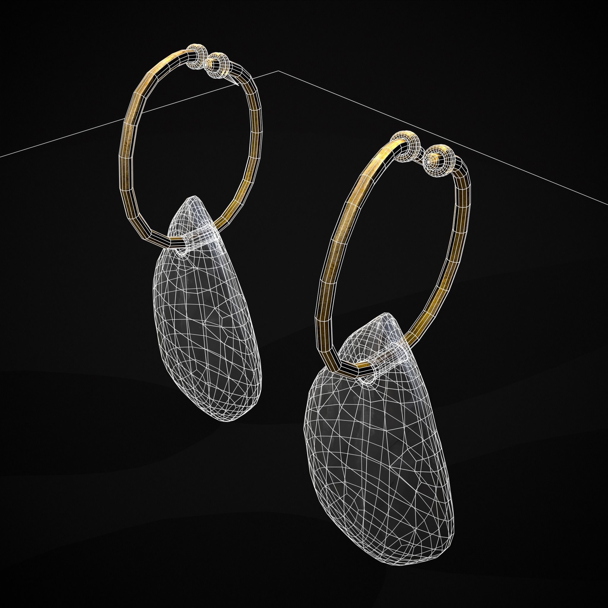 Gold Hanging White Crystal Earrings Low-poly 3D model_16