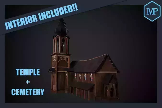 Temple with cemetery and interior Low-poly 3D model