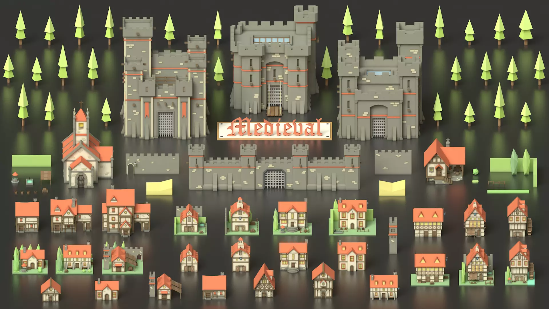 Low Poly Medieval Middle Age City 3D Asset Pack Low-poly 3D model_0