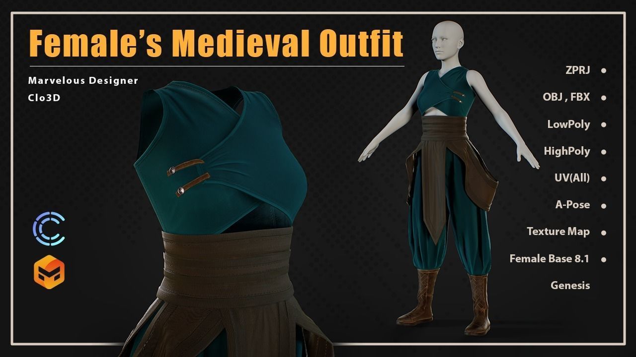 Low Poly Women Medieval Outfit Low-poly 3D model_2