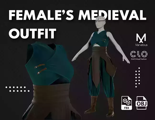 Low Poly Women Medieval Outfit Low-poly 3D model