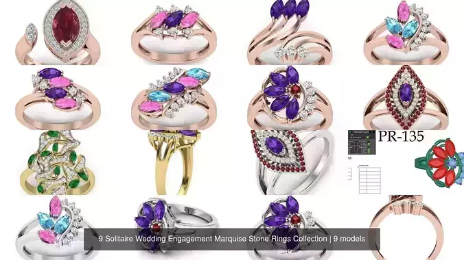 9 Solitaire Wedding Engagement Marquise Stone Rings Collection 