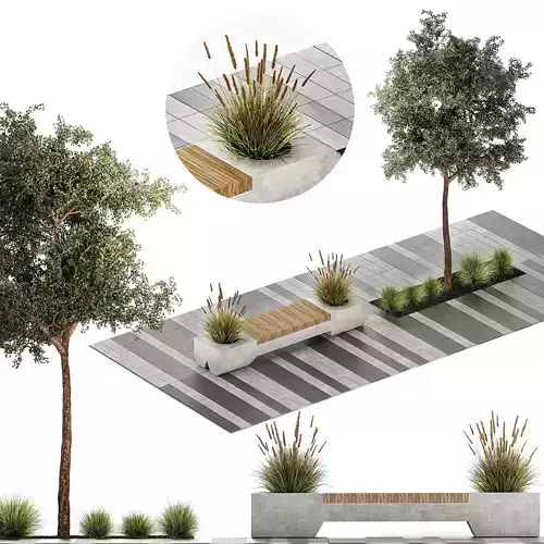 Tree and bushes with bench for outdoor environment 1146 3D model