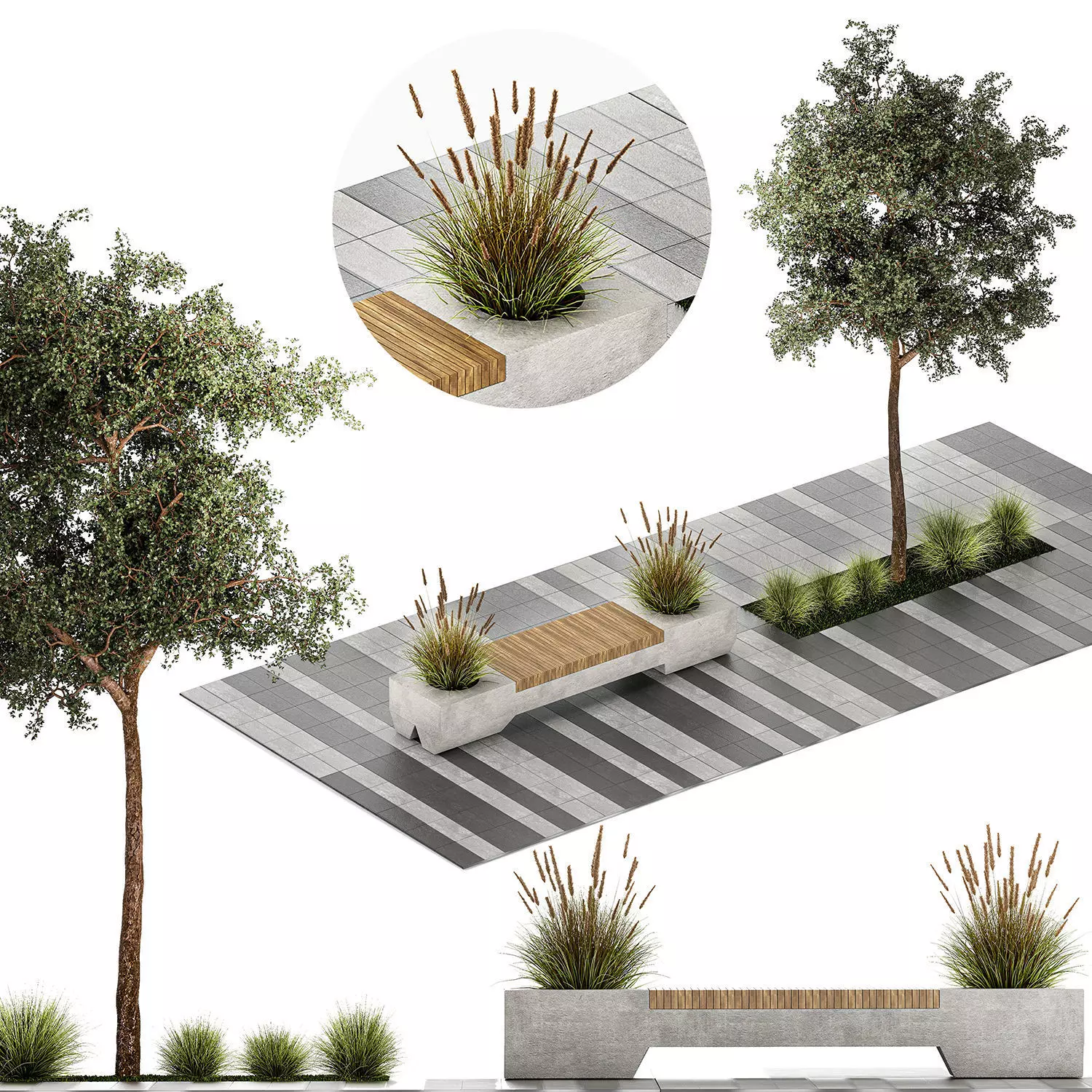 Tree and bushes with bench for outdoor environment 1146 3D model