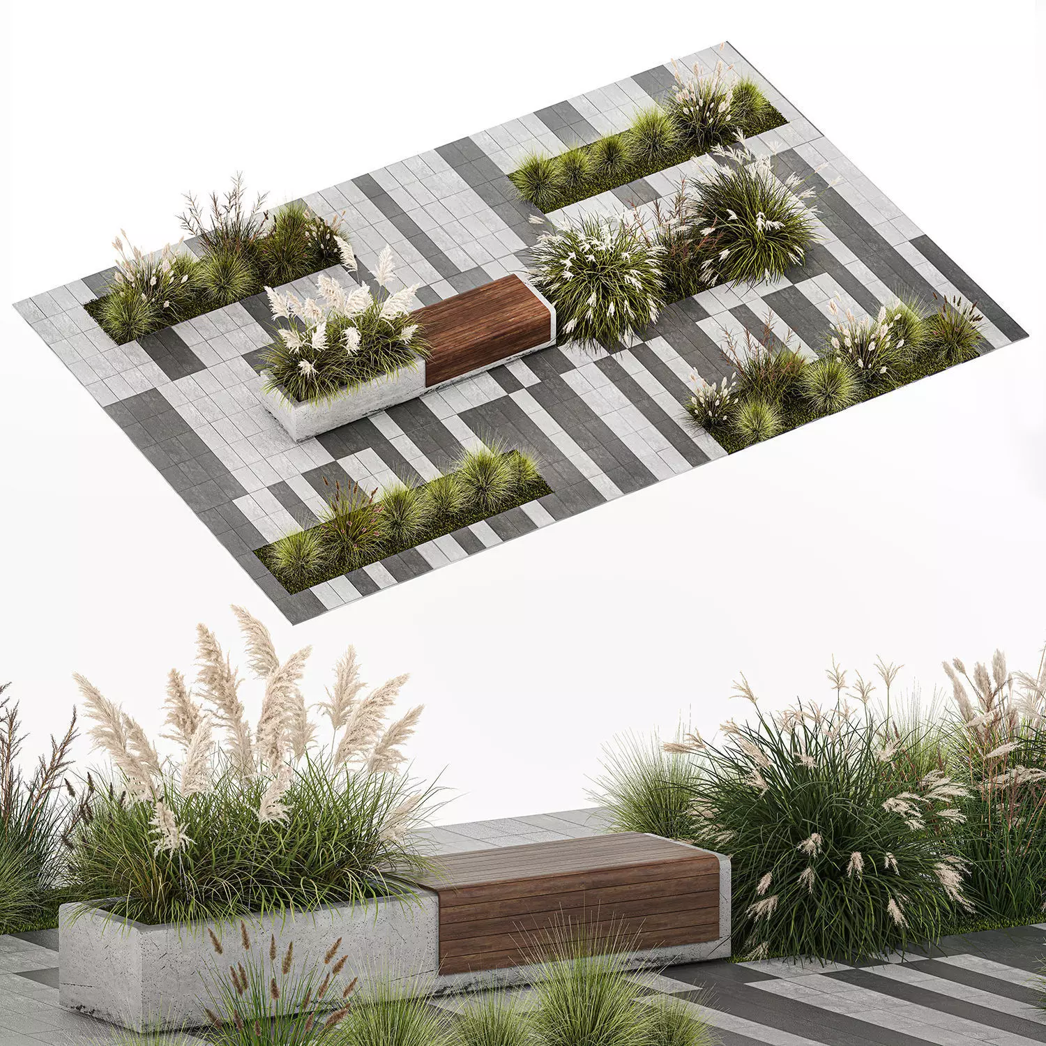 bushes with bench for outdoor environment 1147 3D model_0