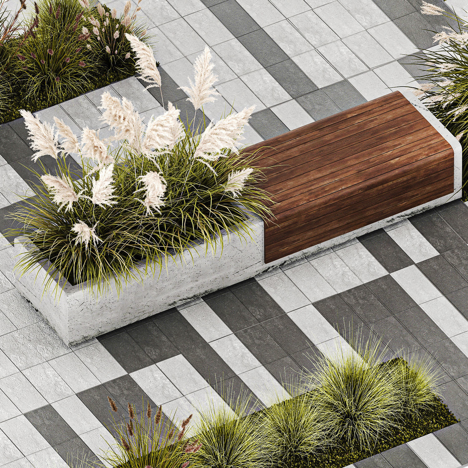 bushes with bench for outdoor environment 1147 3D model_2