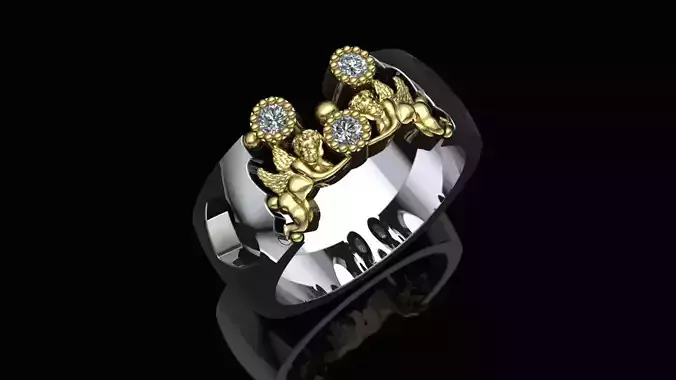 Cupid angels gold diamond ring with hearts