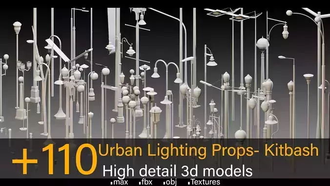 110 Urban Lighting Props- Kitbash- High detail 3d models