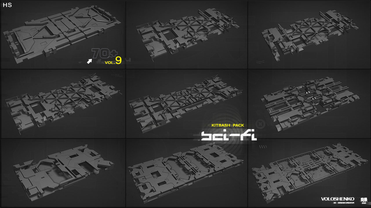 Sci-Fi walls Kitbash Pack 70assets Vol9 3D model_6