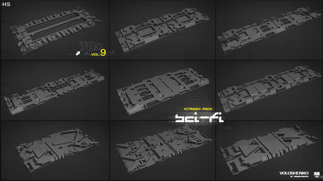 Sci-Fi walls Kitbash Pack 70assets Vol9 3D model_4