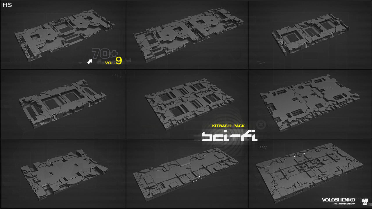 Sci-Fi walls Kitbash Pack 70assets Vol9 3D model_2