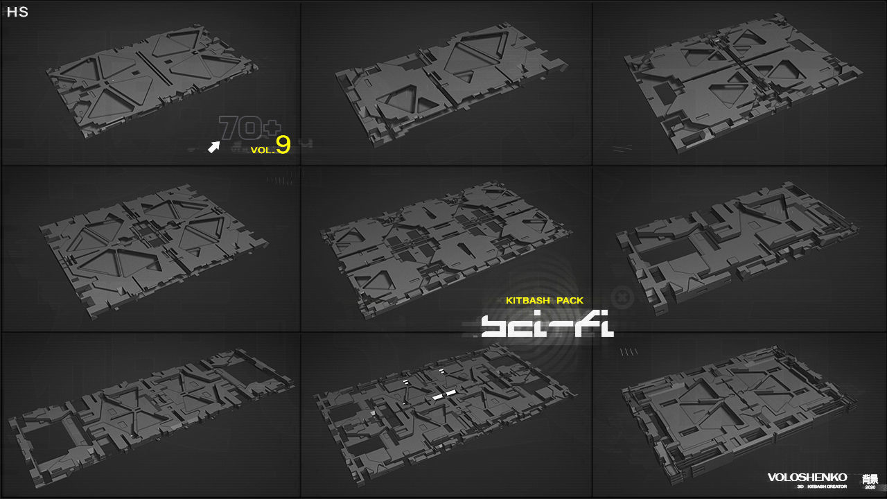 Sci-Fi walls Kitbash Pack 70assets Vol9 3D model_5