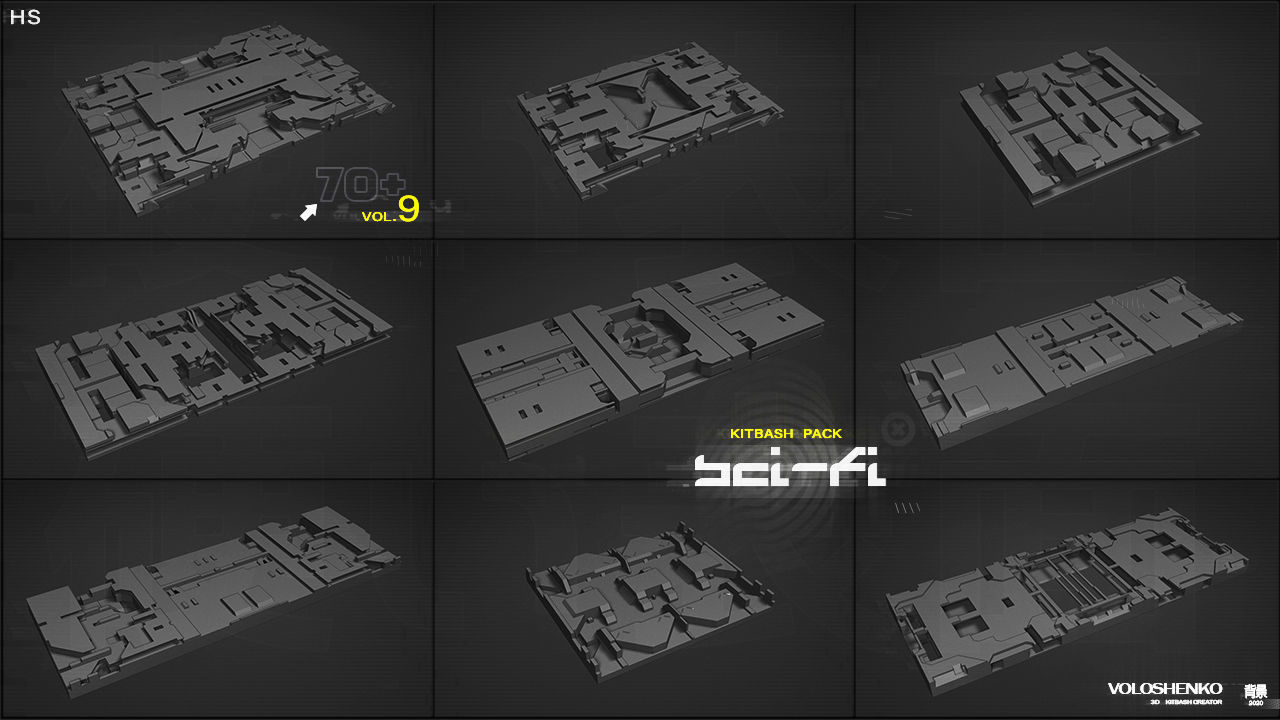 Sci-Fi walls Kitbash Pack 70assets Vol9 3D model_1