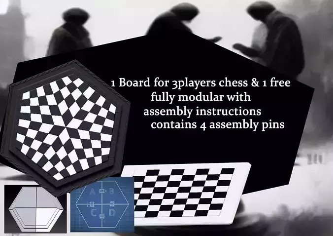 chess board for three players plus one two players for free 3D print model