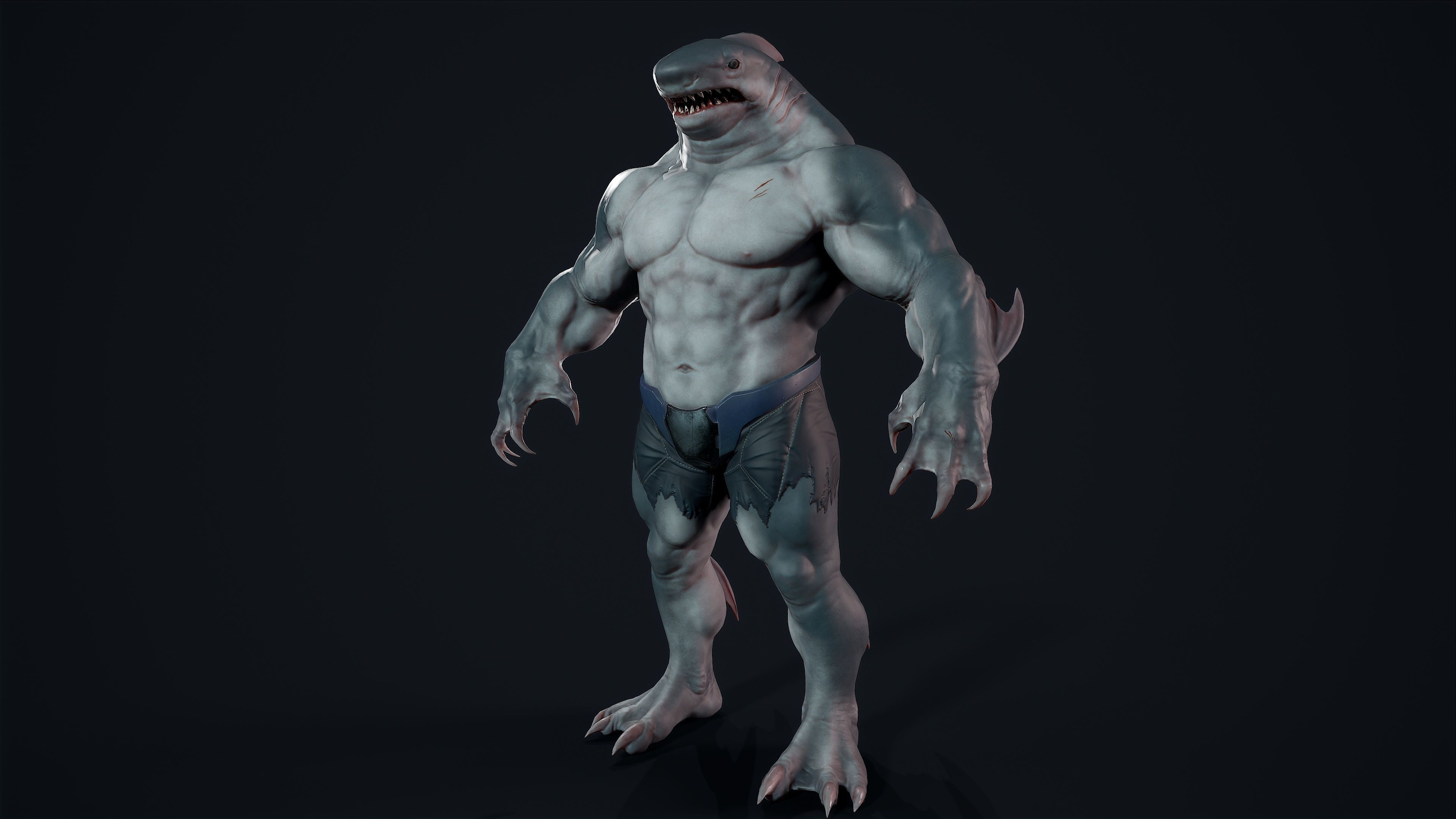 Sharkman creature with long arms and legs Low-poly 3D model_4