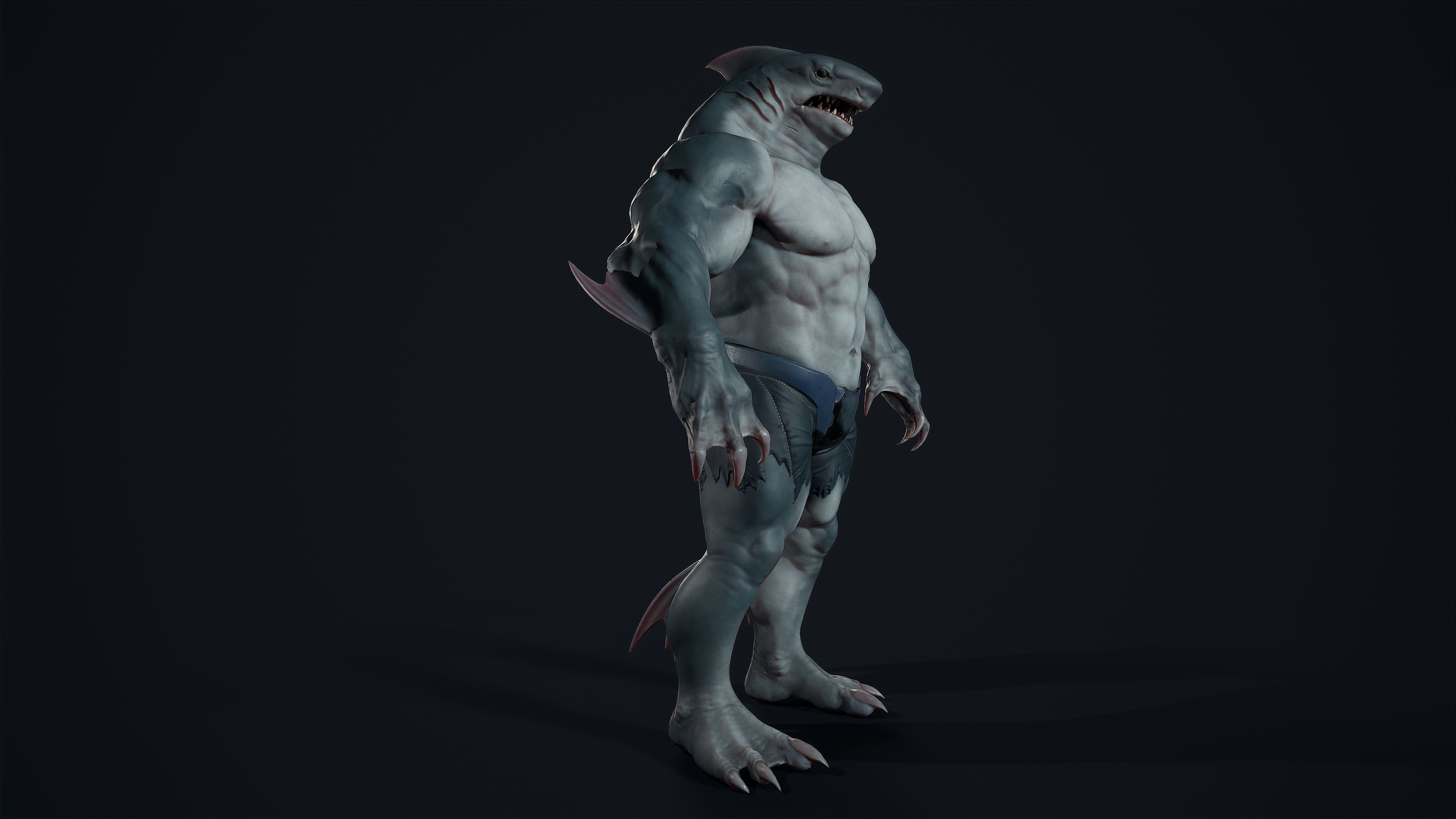 Sharkman creature with long arms and legs Low-poly 3D model_9