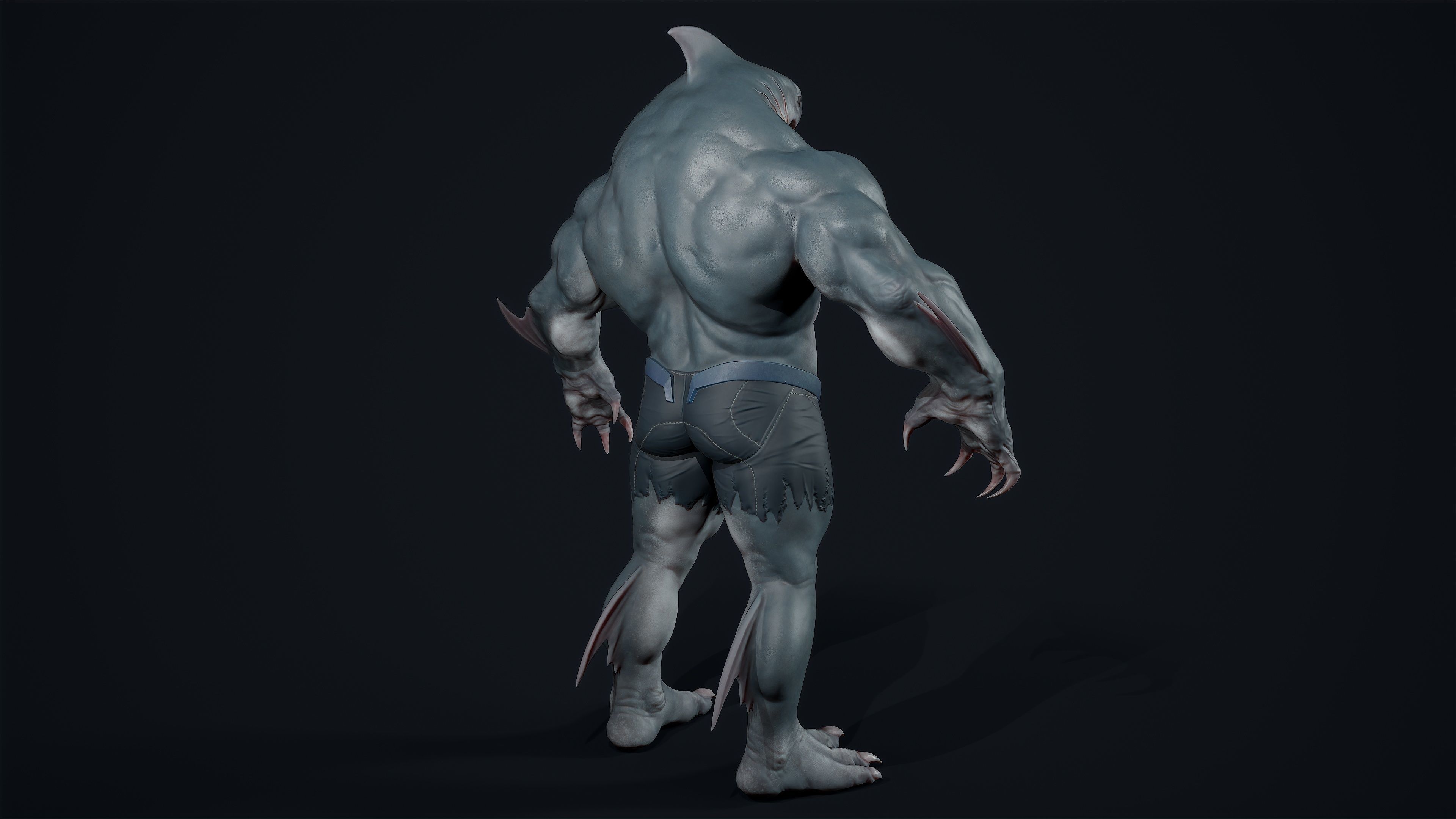 Sharkman creature with long arms and legs Low-poly 3D model_13