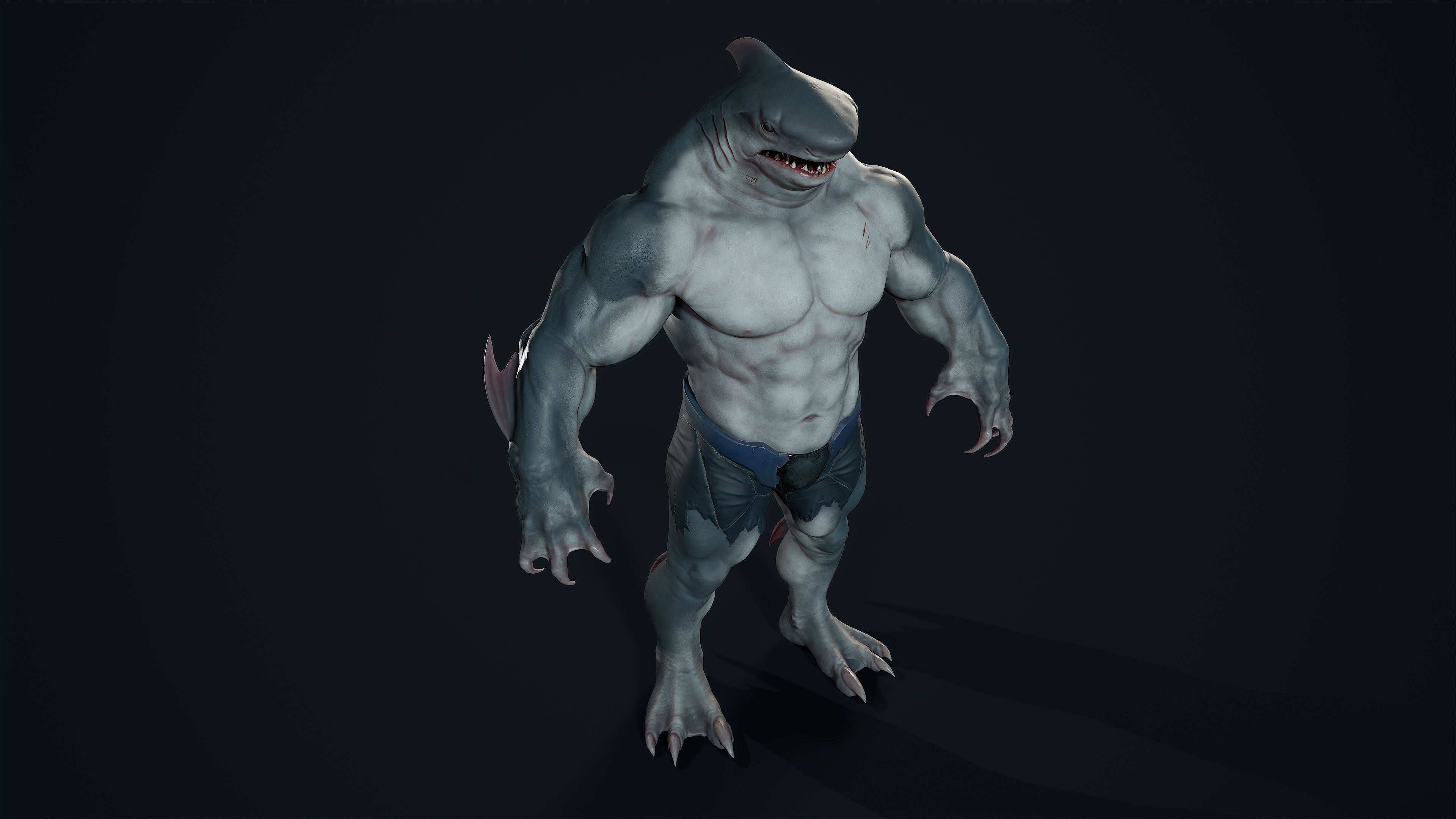Sharkman creature with long arms and legs Low-poly 3D model_8