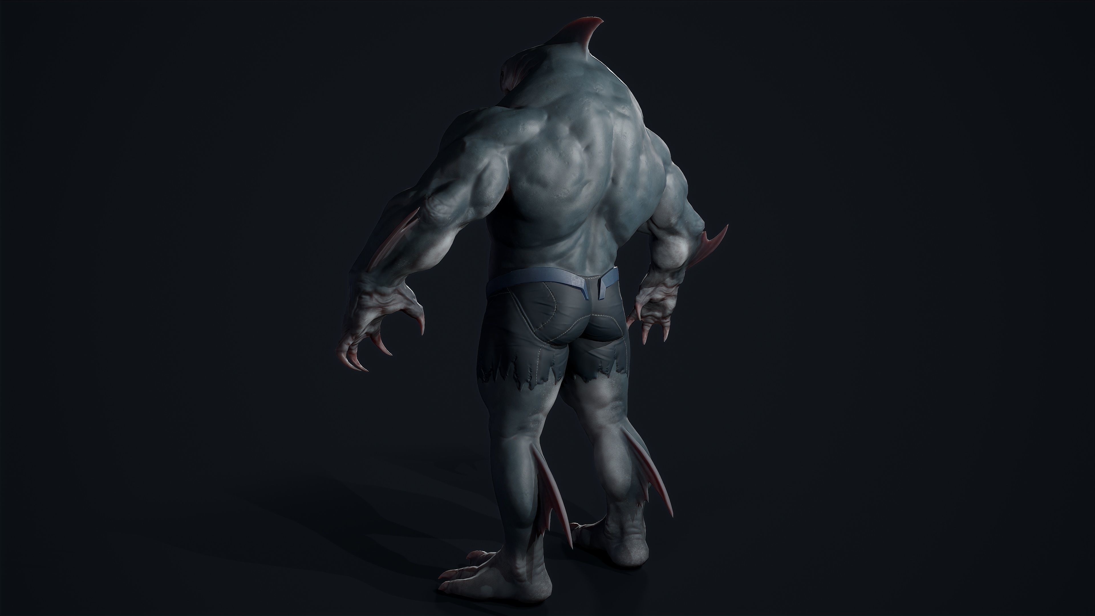 Sharkman creature with long arms and legs Low-poly 3D model_11