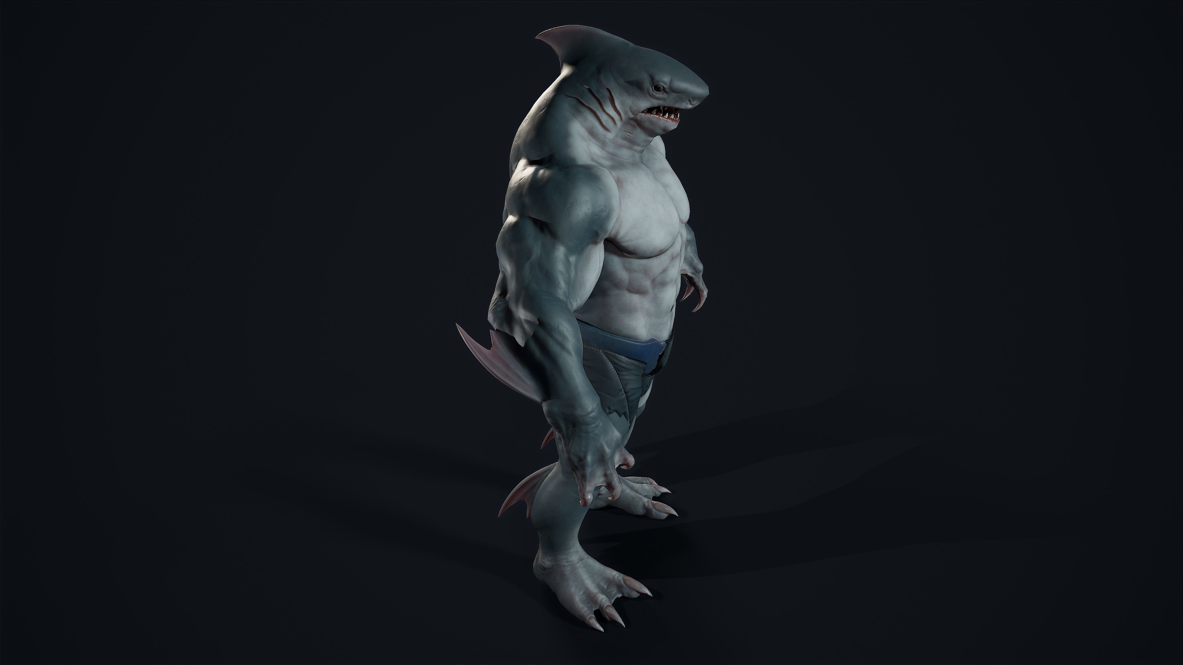 Sharkman creature with long arms and legs Low-poly 3D model_7