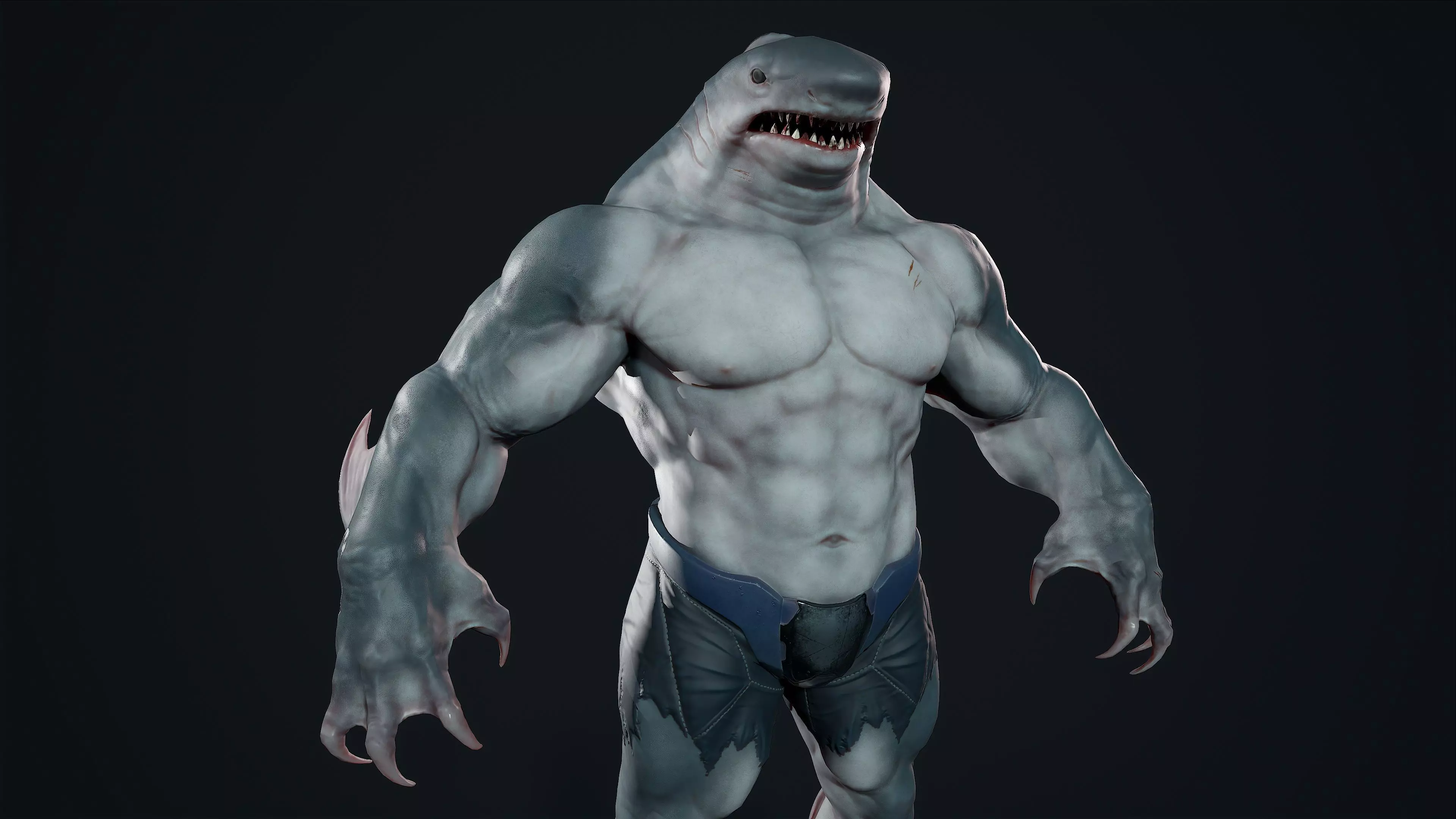 Sharkman creature with long arms and legs Low-poly 3D model_0